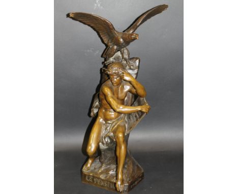 AFTER E PICAULT (1833-1915) "Le Penseur", bronze, depicting an eagle above loosely robed thinker, bearing plaque inscribed "C