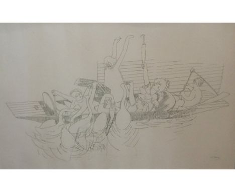 AFTER STANLEY SPENCER (1891-1959) "Girls in a punt", figures upon a rowing boat feeding five swans, limited edition lithograp