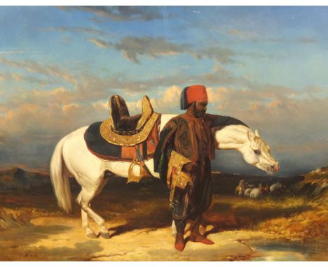 SCHOOL OF ALFRED DE DREUX (1810-1860) "Moor with white stallion watering in a landscape with further figures in the backgroun