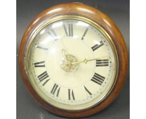 A 19th Century postman's alarm clock, the painted dial with Roman numerals, and convex glass with brass bezel within a walnut