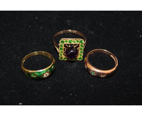 An 18ct gold green enamel and single stone diamond set ring, size O, together with a 9ct pink gold diamond and emerald set th