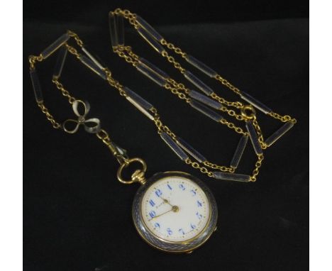 An early 20th Century Swiss 15ct gold cased pendant watch with  purple gouilloche enamel decoration, the white enamelled dial