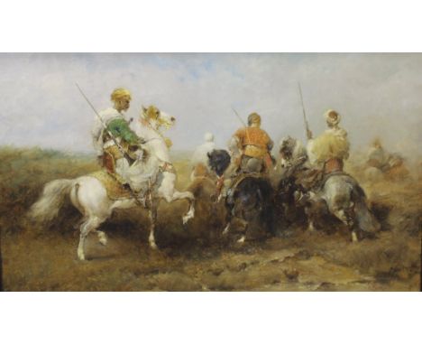 PAUL RAYMOND SEATON (1953-) "Arab warriors on horseback", oil on canvas, initialled lower right, inscribed on "Hollywood Road