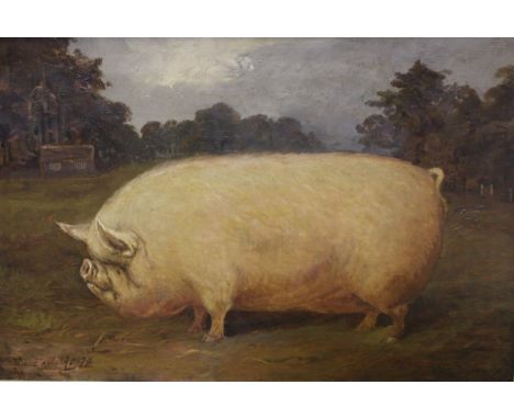 E S ENGLAND "Prize white sow in rural landscape", oil on canvas, signed "E S England 1878" lower left, 41 cm x 61 cm CONDITIO