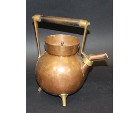 A copper and brass kettle by Christopher Dresser for Benham & Froud, with turned cylindrical mahogny and brass handle, to an 