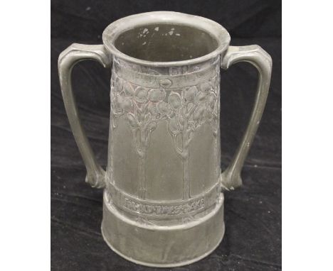 A Liberty Tudric Pewter twin-handled vase,  No'd. ".010 Designed by David Veazey", with stamped mark to base, the body marked