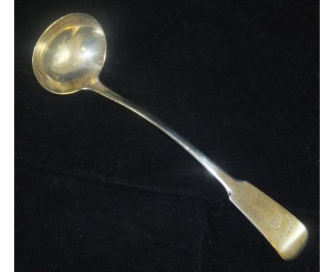 A 19th Century Provincial Scottish "Fiddle" pattern sauce ladle with badger / polecat head motif and inscribed "Debonnair" (b