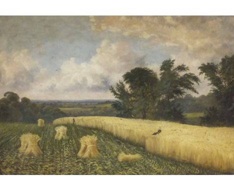 19TH CENTURY ENGLISH SCHOOL "Two figures harvesting field of wheat", exansive rural landscape, oil on canvas, indistinctly si