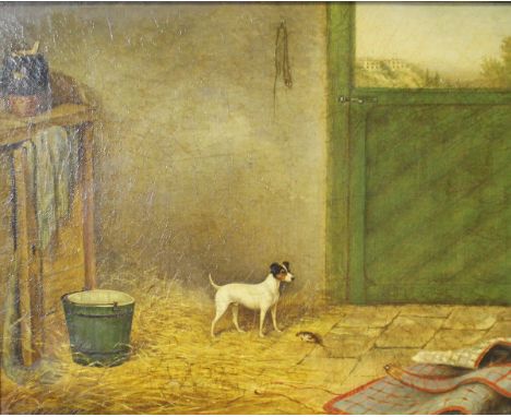 19TH CENTURY ENGLISH SCHOOL "Jack Russell terrier with prize in green gated barn", oil on canvas, unsigned, 27 cm x 33.5 cm C