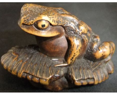 A Japanese carved boxwood netsuke Amasanao Yamada Ise, depicting a toad upon an upturned sandal, bears signature to base with