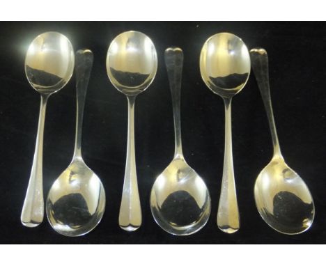 A set of six modern silver "Old English" pattern soup spoons (by Cooper Brothers & Sons Limited, Sheffield, 1991), a tablespo