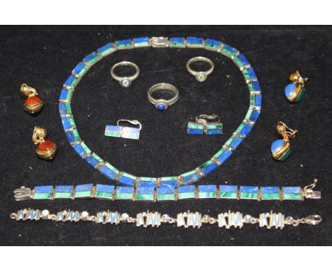 A silver, malachite and lapis lazuli panel decorated necklace, matching bracelet and a pair of matching ear clips, three vari