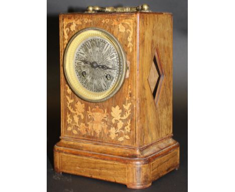 A 19th Century French rosewood and marquetry inlaid cased mantel clock with circular engraved silvered dial, the movement wit