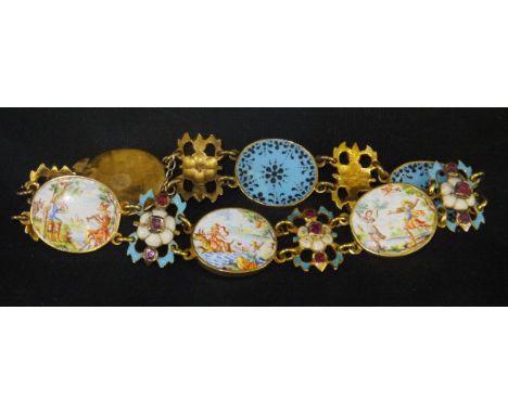 A circa 1900 Italian Grand Tour bracelet, gold mounted with enamelled panels depicting classical style figural scenes of hunt