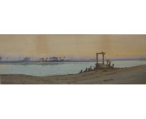 AUGUSTUS OSBORNE LAMPLOUGH (1877-1930) "Three figures by ruins with further ruins on the Nile and figures on a far bank in ba