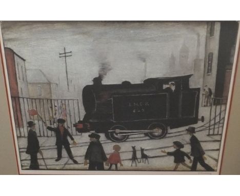 AFTER LAURENCE S LOWRY (1887-1976) "Level crossing with LNER steam train", colour print, signed in pencil lower right, 46 cm 