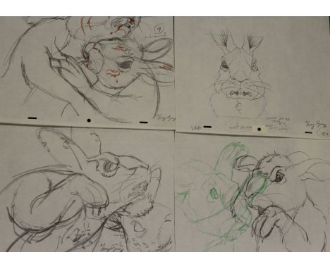 TONY GUY "Fighting Watership Down Rabbits", pencil sketch heightened in colour, together with three others by TONY GUY, all d