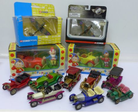 A box of die-cast vehicles including Corgi Noddy, Matchbox Models of Yesteryear, some boxed