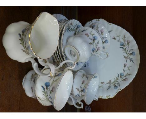 A Royal Albert Brigadoon tea service, six cups, five saucers, six side plates, cake plate, sugar and cream
