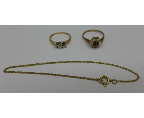 An 18ct gold and platinum set diamond ring and a 9ct gold, opal and red stone ring and a bracelet, 2.1g, M and 1.8g, P