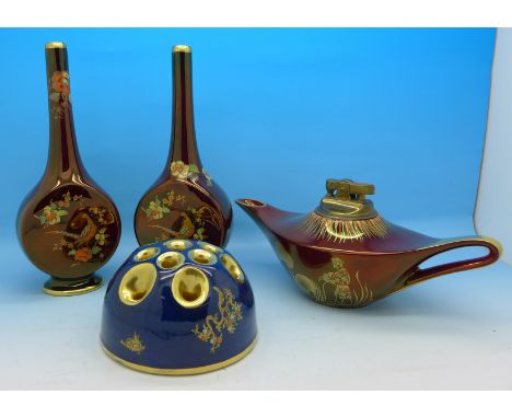 A pair of Carlton Ware vases, posy vase and a Rouge Royale table lighter