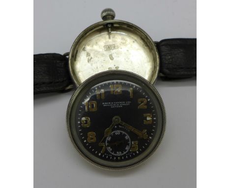 A silver cased WWI trench watch, retailed by Birch & Gaydon Ltd, Fenchurch St, London, also marked Land and Water above sub-s
