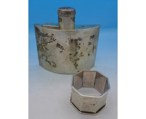 A silver hip flask, hinge pin missing and a silver napkin holder, 168g