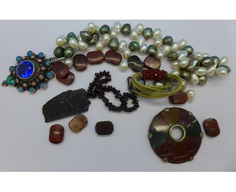 A freshwater pearl necklace with continental silver pendant and other hardstones and Scottish agate