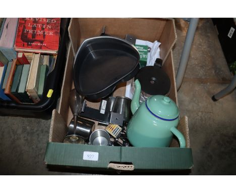 A box containing enamel kettle and kitchenalia