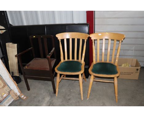 A commode chair and two slat back chairs 
