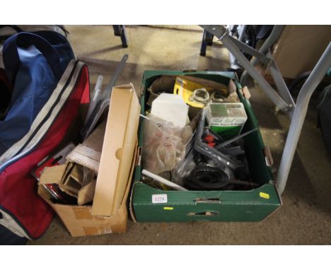 A box containing various brackets and fixings, with a further box of various miscellaneous tools and fixings