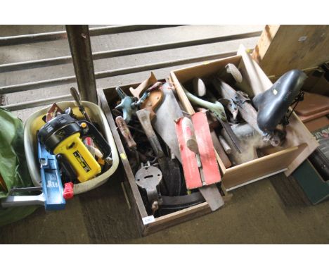 Three boxes of various hand tools to include saws, hand scythes, wooden mallet, shears, a car axle jack, shoe last, a Record 