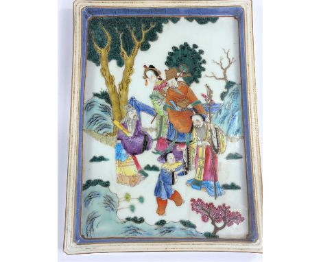 A Chinese ceramic polychrome rectangular tray decorated with fruit picking scene, blue borders with a gilt edge, 34x24cm.&nbs