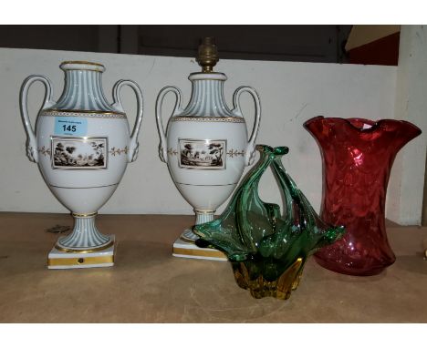 A pair of classical vase style porcelain vases / table lamp bases; 2 1950's coloured glass vases.&nbsp;&nbsp;Height of lamps: