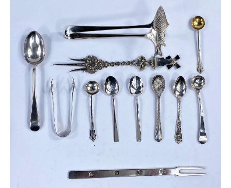 Hallmarked silver salt spoons; a modernist hallmarked silver pickle fork; a Dutch style fork; a silver plated pair of sardine