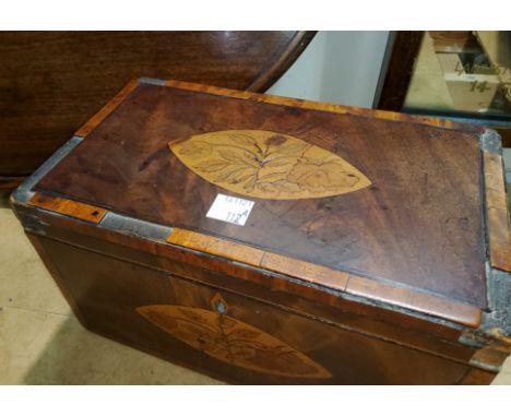 A Sheraton period inlaid and crossbanded 2 division tea caddy (some veneer and crossbanding and one internal lid missing)