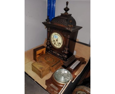 An Edwardian mantel clock with striking movement in stained wood architectural case; an aneroid barometer; a lacquer box with