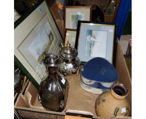 A box of watercolours; Royal Worcester ramekin dishes; a plated teapot and milk jug; a claret jug; a German vase 