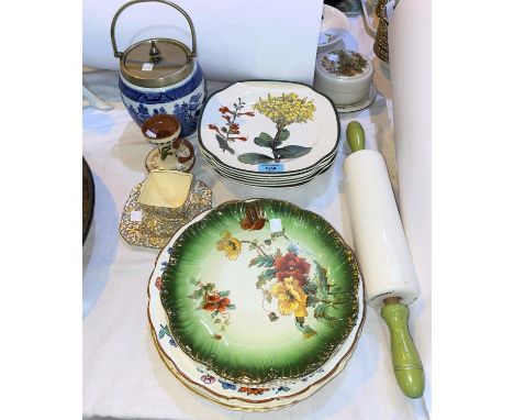 Six Spode Williamsburg plates, a selection of Booths and other similar plates.  A Minton blue and white patterned biscuit bar