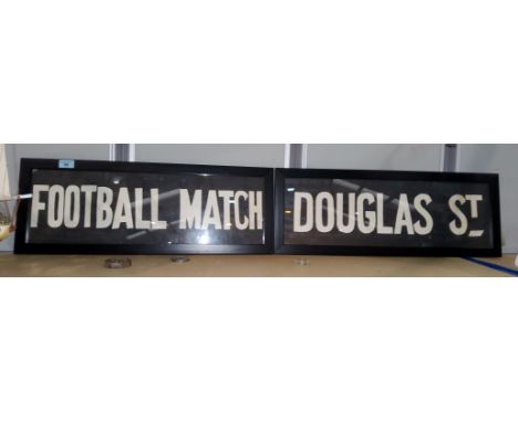 Two mid 20th century bus roller signs 'Football Match' and 'Douglas Street', both framed 