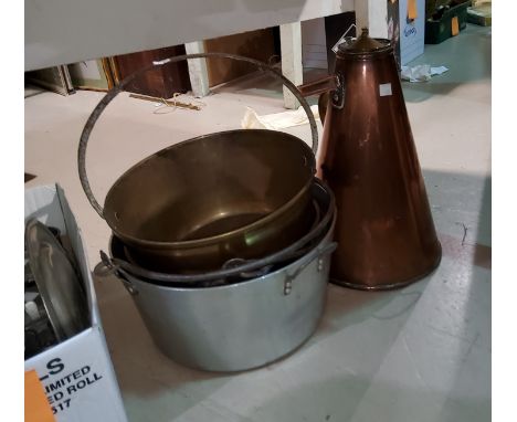 Two brass jampans; an aluminium jampan; a copper conical flask etc 