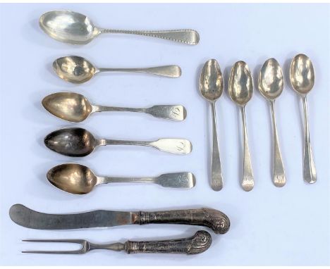 A selection of hallmarked silver teaspoons, mainly Georgian, various dates, 5 oz; a pistol handle knife and fork 