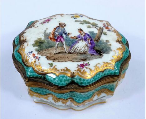 A late Meissen shaped oval trinket box with ormolu mounts depicting an 18th century bower scene, crossed swords mark, length1