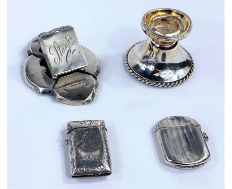 A hallmarked silver desktop paperweight with stamp compartment (marks worn; some dents to base rim); 2 hallmarked silver vest