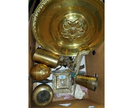 A square brass desk ink well, brass plaques, a brass LiptonsBritish Empire Caddy etc 