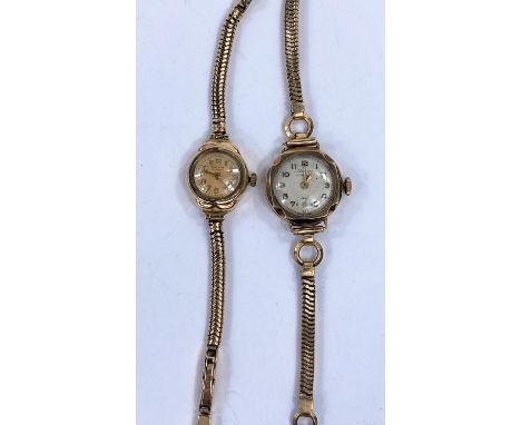 A ladies Hefik wristwatch on 9 carat hallmarked gold bracelet, 14 gm gross; a ladies 9 carat hallmarked gold watch on plated 