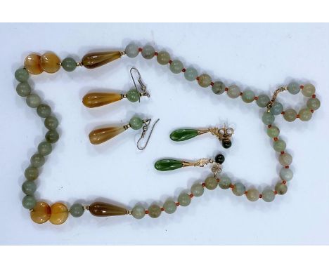 A Jade coloured necklace and earring set, a set of similar earrings 