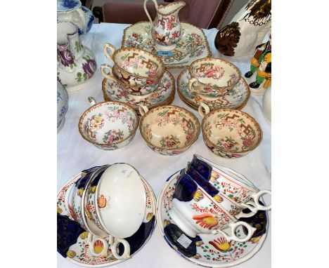 A Victorian pottery part tea service of 14 pieces, decorated in the famille rose manner; a set of 5 'Gaudy Welsh; tea cups an