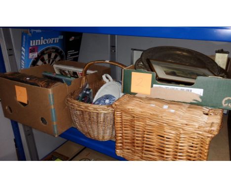 A UNICORN dart board, a picnic hamper, a flower basket etc and books, a model ship 