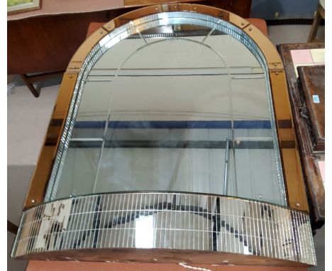 An Art Deco hall mirror with curved top and pearl glass surround and bow front shelf to base, height 130cm x 98cm approx,&nbs